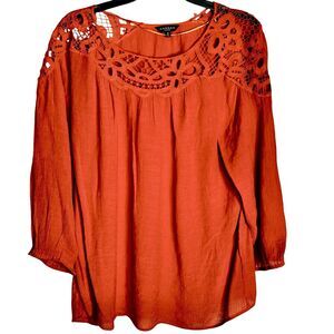 Hannah Plus Size Peasant Top Sz 1X Orange Crochet Neckline 3/4 Sleeve Rayon Poly